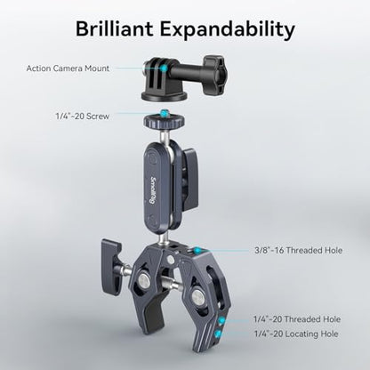 SMALLRIG Camera Mount Clamp, Ballhead Magic Arm and Adapter for Gopro, Camera Monitor Mount with 1/4"-20, 3/8"-16 Threaded Holes, Super Clamp for Gopro/DSLR/Stabilizer