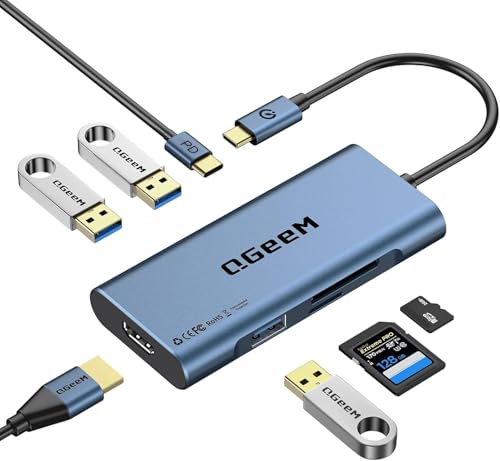 USB C Hub, QGeeM USB 4k to HDMI Adapter, 7 in 1 USB-C Dongle with 100W PD,USB 3.0, Card Reader, Compatible for MacBook iPhone 15/17 Ipad Pro max,Chromebook Laptop USB Type C Dock-Blue - color: Light Blue