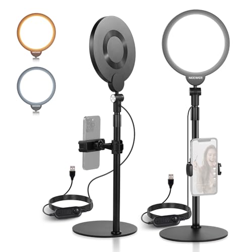 NEEWER Basics 2 Pack 7" Desktop Ring Lights for Video Recording, 10W Dimmable Full Screen Key Lighting with Desk Stands & Phone Holders for iPhone Computer Laptop Vlog Streaming Video Conference, R06