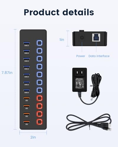 Powered USB Hub 11 Port USB 3.0 Splitter with 7 Data Ports + 4 Smart Charging Ports, Individual On/Off Switches & LED Indicators, Includes 36W Power Adapter for Mac PC Laptop