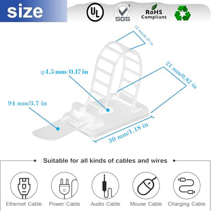 Adjustable Adhesive Cable Management Clips 50Pcs, Large self Adhesive Cable Ties Clips ，Suitable for Cable Management Under desks and on Walls (White) - color: White