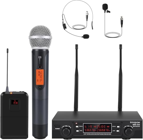 innopow 200-Channel Wireless Microphones System, Wireless Lavalier Microphone, Dual UHF Bodypack Cordless Lavalier Mic System Set, Auto Scan, Long Range 200-240Ft, 16 Hours Ideal for Church (Black)