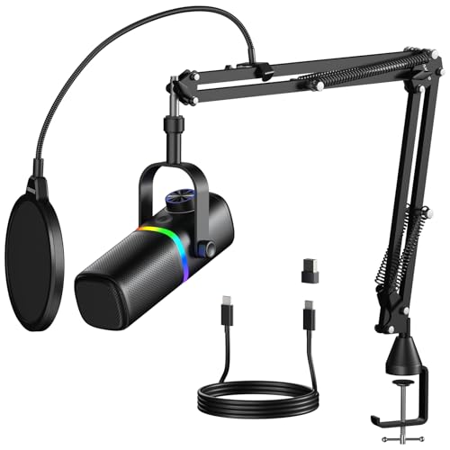 Aokeo AK-10 USB Gaming Microphone Wtih AK-35 Arm, Condenser Microphone for PC/MAC/PS4/PS5/Phone-Cardioid Mic with RGB Lighting - color: Metallic