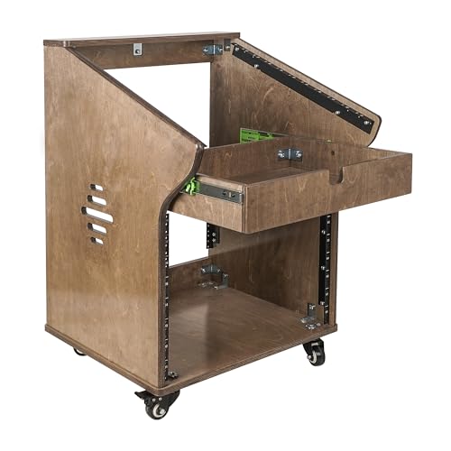 Sound Town DIY Solid Baltic Birch Plywood Studio Rack with 11U Slant Mixer Top, 8U Front, 2U Drawer, Rubber Feet, Casters, Weathered Brown (SDRK-M11X8B) - size: 8U,Weathered Brown
