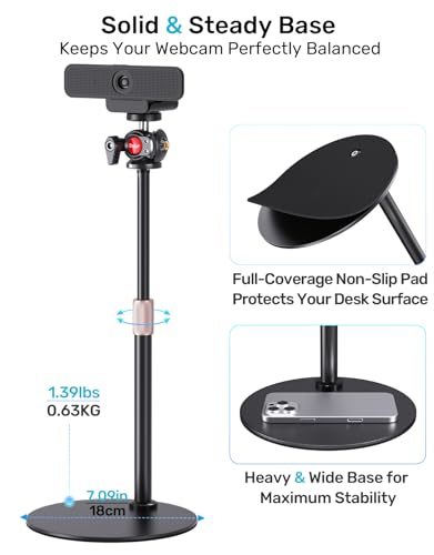 Webcam Stand for Desk, with 360 Ballhead, Heavy Base Height Adjustable Tripod for Logitech Webcam C922 C930e C920 C615 C960 C920x BRIO 4K NexiGo N60, Phone Mount, Gopro with 1/4" Thread - size: 9.2–15.5"H (7.09" dia base)