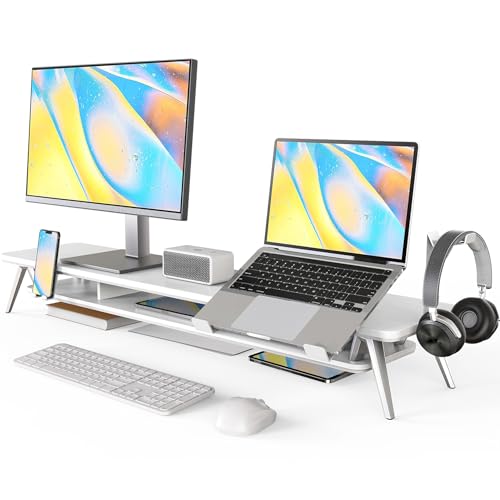 Fenge Dual Monitor Stand, Monitor Riser for 2 Monitors with Adjustable Laptop Riser , 42.5 Inch Desk Shelf for Top of Desk with Phone Holder& Headphone Stand - color: White