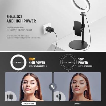 NEEWER 18W 8" Desk Ring Light with Stand, Circle Selfie Light for iPhone Streaming Makeup Video Recording, Video Conference Lighting Kit with Phone Holder for Laptop Computer Zoom Call Podcast, RH8B