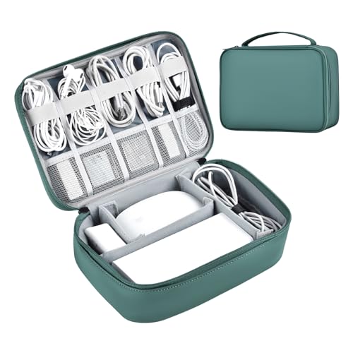 Large Capacity Electronics Accessories Organizer Travel Case with Adjustable Divider Waterproof Leather Cord Shockproof Tech Organizer Bag(Deep Green, Single Layer) - color: Deep Green, size: Single Layer-Regular