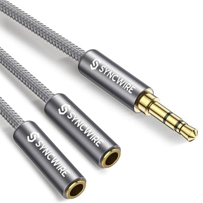 SYNCWIRE Headphone Splitter, Nylon-Braided 3.5mm Extension Cable Audio Stereo Y Splitter (Hi-Fi Sound), 3.5mm Male to 2 Ports 3.5mm Female Headset Splitter for Apple, Samsung & More (No Mic) - Grey - color: Grey