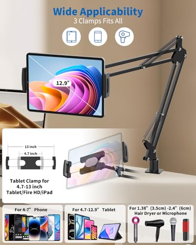 Overhead Camera Phone Mount, Desk Phone Stand for Recording, Phone Holder for Bed with Phone/Tablet/Mic Clamps, 1/4" Thread Magic Arm for DSLR, Webcam, iPad, TikTok, YouTube, Streaming, Cooking, Video