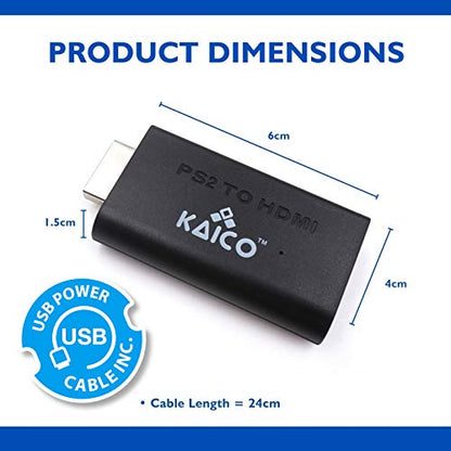 Kaico PS2 to HDMI Adapter for PlayStation 2, Plug & Play HDMI Converter | Supports 480i, 480p, 576i, 576p and 1080i output, with built-in audio, Micro USB power cable, clear video and audio