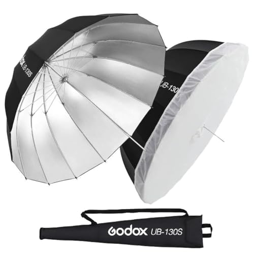 Godox UB-130S 51.2" 130cm Parabolic Deep Reflective Umbrella Silver Inner Photography Studio Soft Light Umbrella with Withe Diffuser Cover for Video Studio Shooting (130Silver) - color: Silver, size: 51.2"
