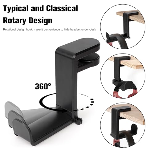 Rotating Headphone Stand, Multi-Functional 360° Rotatable Adjustable Clamp-on Under Desk Headset Stand, Universal Gaming and Office Headphone Holder, Black - color: Black
