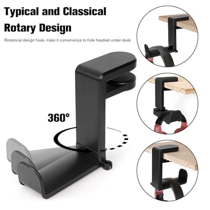 Rotating Headphone Stand, Multi-Functional 360° Rotatable Adjustable Clamp-on Under Desk Headset Stand, Universal Gaming and Office Headphone Holder, Black - color: Black