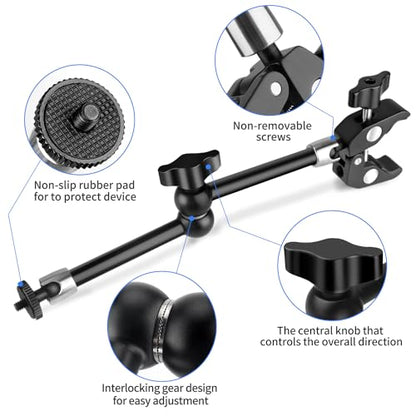 Hemmotop Magic Arm Camera Mount Clamp, 9.8 in Adjustable Articulating Friction Arm Max. Load 6.6 LBS, for iPhone Monitor, Camera Mounts & Clamps Kit MS01 Black