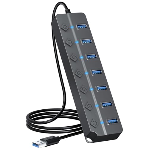 USB Hub 7 Port, USB Splitter with Individual On/Off Switches and Lights | USB 3.0 Hub with 3.3ft Cable, Extender for A Port Laptop, PC, Desktop-Gray - color: Gray