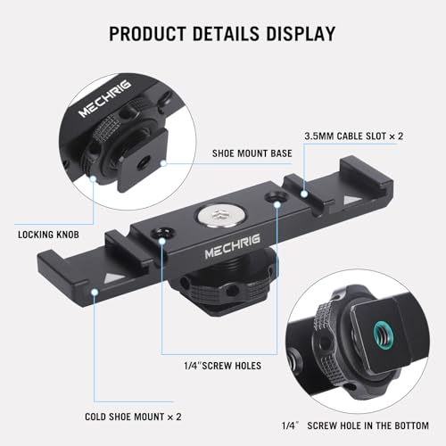 Dual Cold Shoe Extension Bar Mount, Aluminum Dual Hot Shoe Mount Bracket with 1/4" Thread & Cable Slot, Cold Shoe Bracket for DSLR Camera LED Video Light Microphone Monitor (62034)