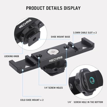 Dual Cold Shoe Extension Bar Mount, Aluminum Dual Hot Shoe Mount Bracket with 1/4" Thread & Cable Slot, Cold Shoe Bracket for DSLR Camera LED Video Light Microphone Monitor (62034)