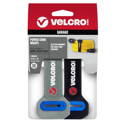 VELCRO Brand Power Cord Wraps | Heavy Duty Straps for Extension Cords, Garage or RV Organization | Slotted Grommet for Strong Snag Free Cinching | 16 Inch, 2Pk, Black and Gray - size: 16 Inch (2Pk)