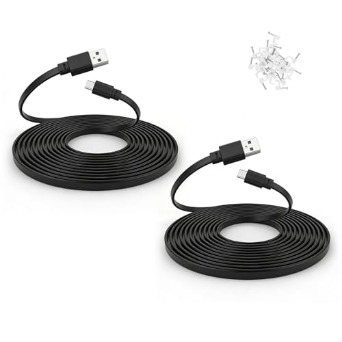 2 Pack USB Type-C Cable 25 ft for CCTV Security Camera Outdoor, Flat Waterproof - color: Black