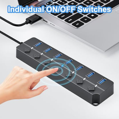 ONFINIO USB Hub 3.0, 7-Port USB Hub Splitter with Individual On/Off Switches and Lights, 3.2ft/1m Long Cable Compatible with MacBook, Laptop, Surface Pro, PS4, PC, Flash Drive, Mobile HDD-Gray - color: Gray