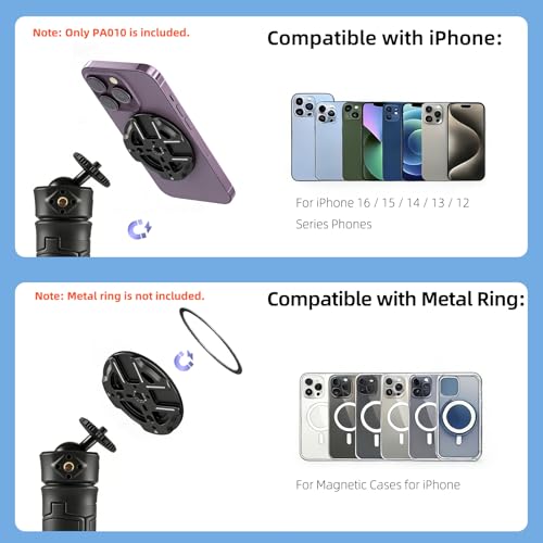 Magnetic Phone Mount Plate with 1/4"-20 Thread & Cold Shoe, N52 Strong Magnet 15N Hold, Aluminum Camera Mount Adapter for iPhone MagSafe, Tripod, Ball Head, Vlogging & Filming Rig (Black) - color: Black