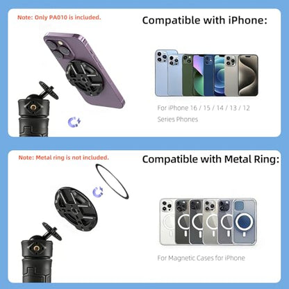 Magnetic Phone Mount Plate with 1/4"-20 Thread & Cold Shoe, N52 Strong Magnet 15N Hold, Aluminum Camera Mount Adapter for iPhone MagSafe, Tripod, Ball Head, Vlogging & Filming Rig (Black) - color: Black