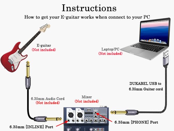 DUKABEL USB Guitar Cable, USB-A to 1/4 TS Cord for Guitar Recording, 8Feet/2.4Meter Instrument Mono Cord for Bass, Mixer, PC, Laptop(Donot Work with RockSmith) - style: USB to 1/4 inch