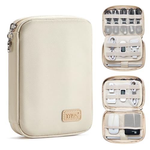Travel Cable Organizer, Tech Pouch Electronics Organizer Travel Case, Portable Lightweight All-in-One Storage Bag for Cords, Charger, Phone, USB Cables, Hard Drive, Flash Drive (Beige, Large)