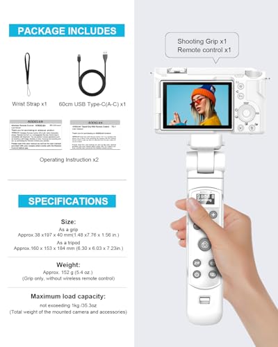 for Sony Tripod with Rechargeable Remote Control - Aodelan Wireless Shooting Grip Mini Tripod with OLED Screen for Vlogging for ZV-E10,ZV-1F,RX100 VII,a6100,a6400,a9 II; Replace Sony GP-VPT2BT(White)