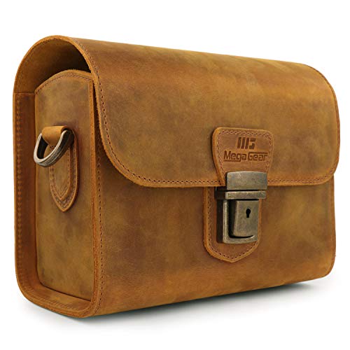 MegaGear Pebble Genuine Leather Camera Messenger Bag for Mirrorless, Instant and DSLR Cameras - color: Camel
