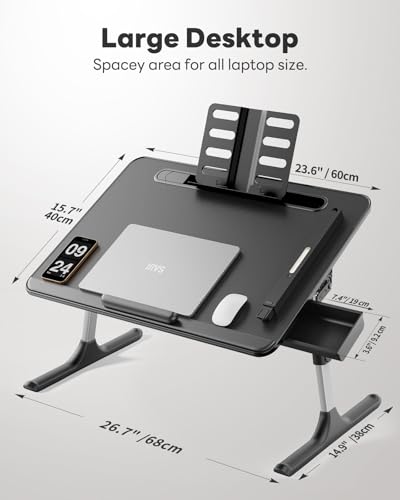 Laptop Table with LED Desk Light, SAIJI Laptop Stand for Bed, Height Adjustments Bed Desk with Book Stand for Reading Writing Drawing (Black) - color: Bed Desk /Led Light