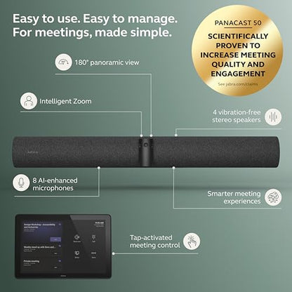Jabra PanaCast 50 Video Bar System - All-in-one Meeting Room Solution, Audio bar, 180° Full-Room Webcam, Intelligent AI-Enabled Features, and PanaCast Control Touchscreen - MS Teams Certified - Black - style: Teams Certified