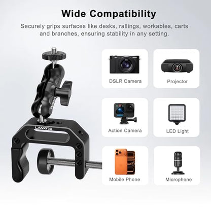 Camera Clamp Mount C Clamp with 1/4'' Screw Magic Arm - Perfect for Cameras, LED Video Lights, Monitors, Flash, Desk, Microphone, Action Camera