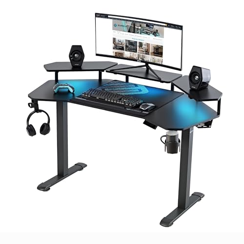 EUREKA ERGONOMIC Aero 55 Inch W Shaped Electric Standing Desk, Height Adjustable Computer Gaming Desk with LED Monitor Shelf, Mouse Pad, Headphone Hook, Cup Holder, Carbon Black - color: Black, size: 55"W x 35"H-Adjustable