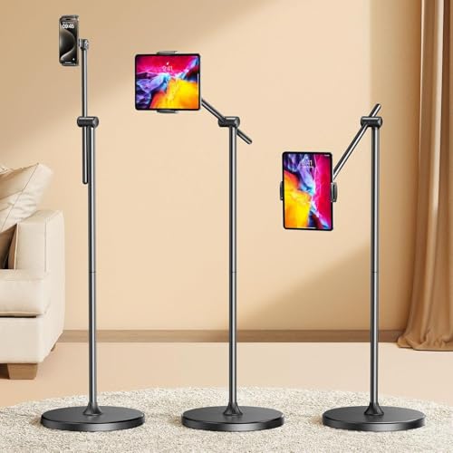 DIMONCOAT [Height-Adjustable & 360° Rotation Tablet Floor Stand Stable Base | Aluminum Alloy iPad Stand Floor Holder for iPad Mini Air Pro 12.9/9.7, Monitor, Kindle, iPhone 16, Cell Phones (4.7"-15.6") - color: BLACK - 6X STABLE WEIGHTED BASE, size: For 4
