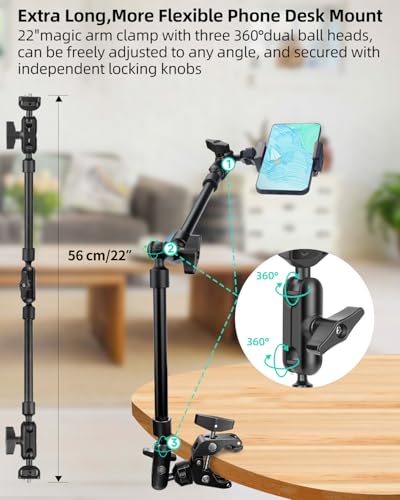 22" Magic Arm w Clamp, Overhead Phone Mount, Desk Camera Mount w Articulating Friction Boom Arm Thread Adapter, for Phone Video Light Webcam Microphone Action Camera Content Creators - size: 22IN-BK
