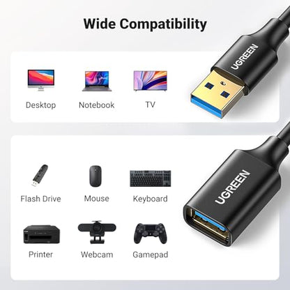 UGREEN USB Extender, USB 3.0 Extension Cable Male to Female USB Cable High-Speed Data Transfer Compatible with Webcam, Gamepad, USB Keyboard, Mouse, Flash Drive, Hard Drive, VR, Xbox 3 FT - size: 3 ft