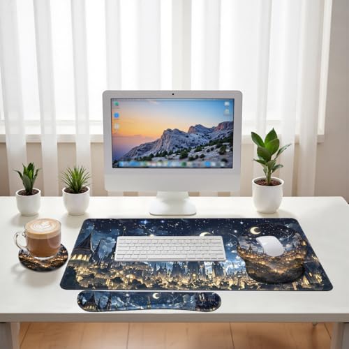 Midnight Castle Desk Mat Set Fantasy Sky Large Mouse Pad with Wrist Rest 4in1 Desk Mat for Desktop Ergonomic Computer Desk Arm Wrist Anti-Slip Computer Ergonomic Mouse Pad Home Office Gaming - color: Midnight Castle