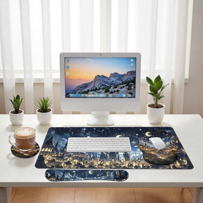 Midnight Castle Desk Mat Set Fantasy Sky Large Mouse Pad with Wrist Rest 4in1 Desk Mat for Desktop Ergonomic Computer Desk Arm Wrist Anti-Slip Computer Ergonomic Mouse Pad Home Office Gaming - color: Midnight Castle