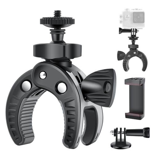 UTEBIT Camera Mount Clamp, 360° Ballhead with 1/4" Thread Holes, Black | Umbrella Clamp Motorcycle Camera Pole Mount Desk Holder, Super Clamp with Phone Tripod Mount for Gopro/DSLR/Stabilizer - color: Black