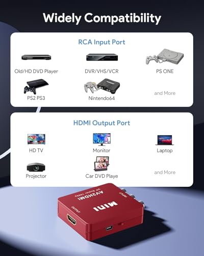ABLEWE RCA to HDMI,AV to HDMI Converter, 1080P Mini RCA Composite CVBS Video Audio Converter Adapter Supporting PAL/NTSC for TV/PC/ PS3/ STB/Xbox VHS/VCR/Blue-Ray DVD Players, Red - color: Red