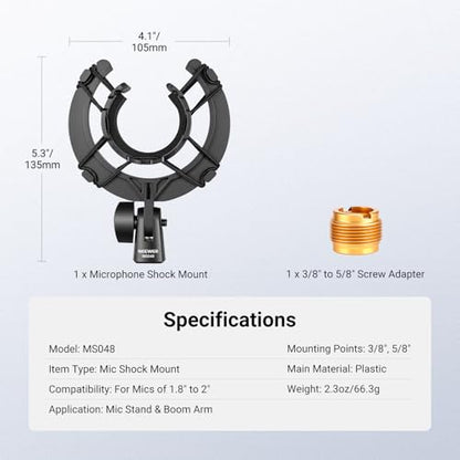 NEEWER Microphone Shock Mount, Mic Holder for Stand & Boom Arm with Elastic Ropes & 3/8" to 5/8" Screw Adapter, Fits Mics of 1.8" to 2" (46 to 50mm) Diameter, MS048 - style: MS048