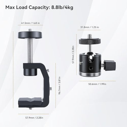 UTEBIT 40mm C-Clamp Camera Mount with Mini Ball Head, Black | 1/4 Thread Hole Metal Clamp with 360° Swivel Ballhead Camera Mount 1/4 Hot Shoe Adapter for Camera Desk Bicycle Woodworking - size: 40mm