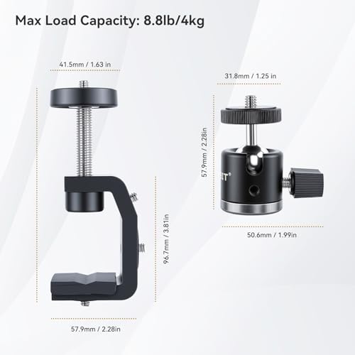 UTEBIT 40mm C-Clamp Camera Mount with Mini Ball Head, Black | 1/4 Thread Hole Metal Clamp with 360° Swivel Ballhead Camera Mount 1/4 Hot Shoe Adapter for Camera Desk Bicycle Woodworking - size: 40mm