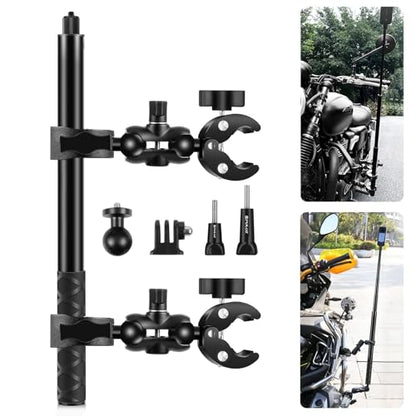 PULUZ Double Clamp Motorcycle Mount Kit for Insta360 X4 X3 X2 GO 3 One RS Camera, Bike Handlebar Mount Bundle with 59" Invisible Selfie Stick Telescopic for Moto Bicycle Riding Records - style: Double Camera Mount Kit