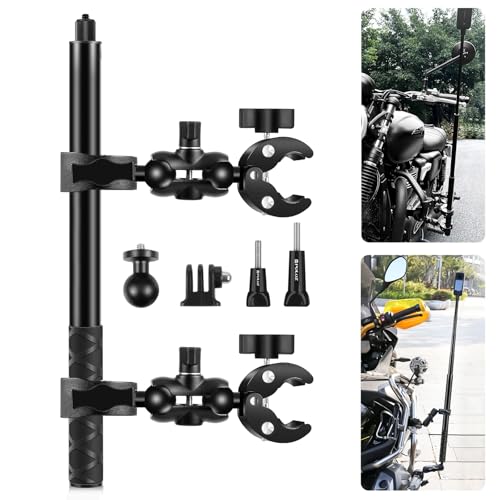 PULUZ Double Clamp Motorcycle Mount Kit for Insta360 X4 X3 X2 GO 3 One RS Camera, Bike Handlebar Mount Bundle with 59" Invisible Selfie Stick Telescopic for Moto Bicycle Riding Records - style: Double Camera Mount Kit