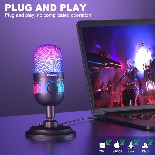 Aokeo USB Gaming Microphone, Condenser Microphone for PC/MAC/PS4/PS5/Phone-Cardioid Mic with RGB Lighting - color: AK-1