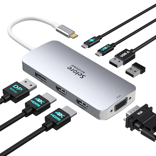 USB C Docking Station Dual HDMI Monitor Adapter, Selore USB C Hub 3 Monitors with Dual HDMI, Displayport, VGA, 100W PD Charging, 3USB 2.0 Ports Adapter for Dell XPS,HP, Lenovo,etc(Silver) - color: White