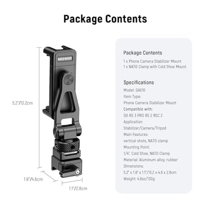 NEEWER Metal Phone Tripod Mount with Cold Shoe NATO Clamp Compatible with DJI RS5 RS4 RS3 Pro RS2 RSC2 Gimbal Stabilizer, 180° Tilt Phone Clip Holder Compatible with iPhone 15 Pro Camera Cage, GA010 - style: GA010 with Nato Clamp